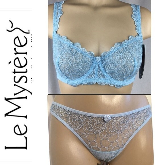 Le Mystere Blue Tornado Lace Sheer Bra & Thong Panty Set 34B NEW